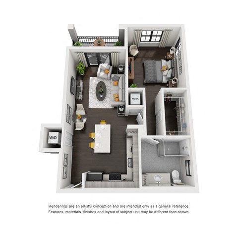Floor plan for 1 bed, 1 bath, 834 sqft
